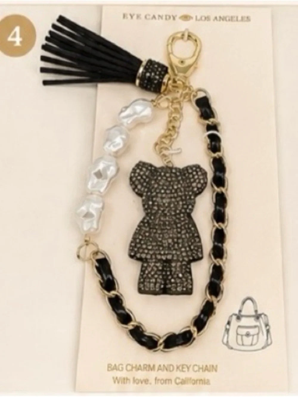 Eye Candy Black rhinestone bag charm key chain with faux pearls and gold chain